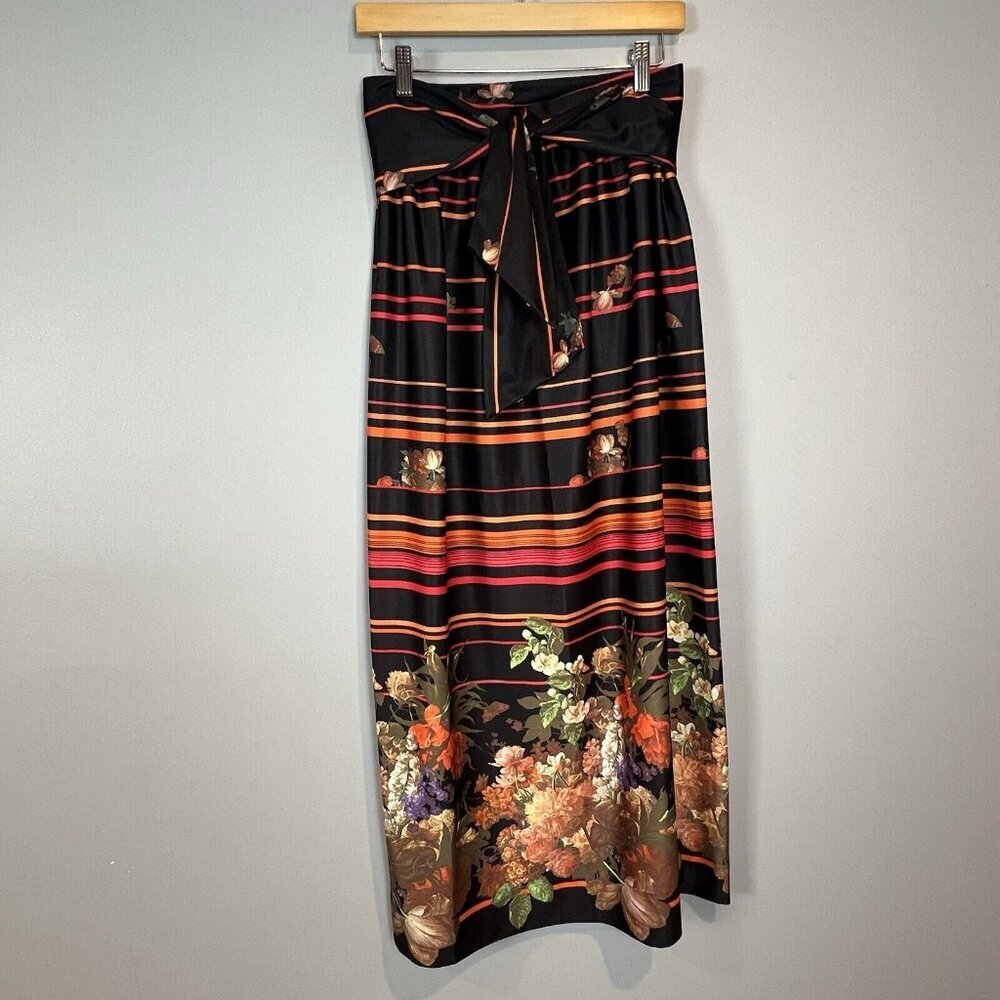 60s 70s Maxi Skirt Black Orange Stripe Floral Size 12 Wide Band Fabric Belt Vtg